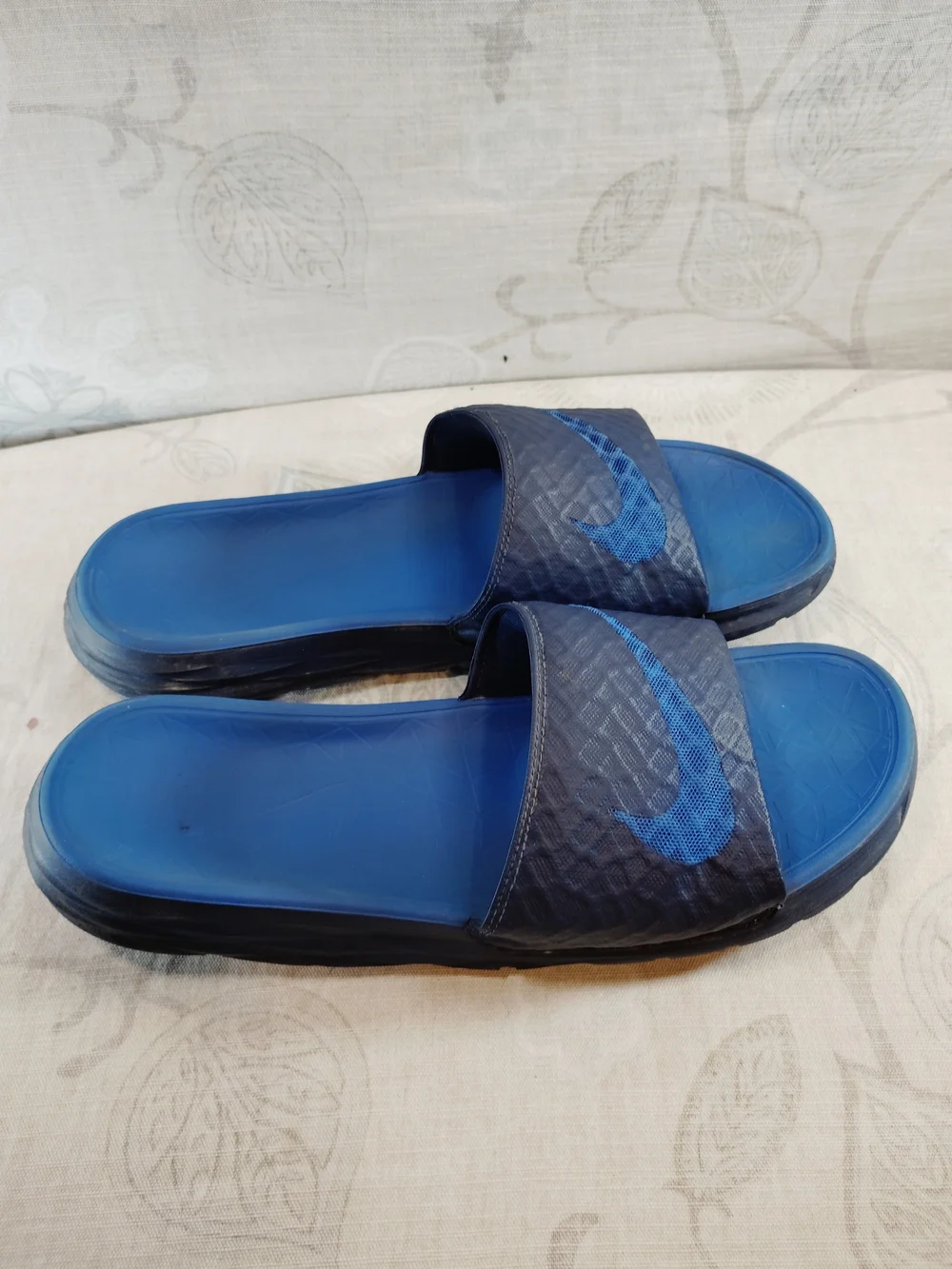Nike Dark Blue and Blue Slide Sandals with Swoosh